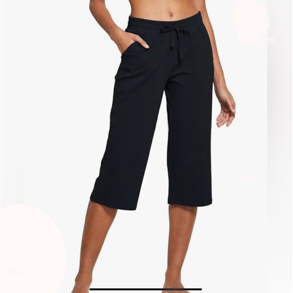 Baleaf Womens Athletic Capri Pants - Elastic Waist Pockets Black Comfortable Fit